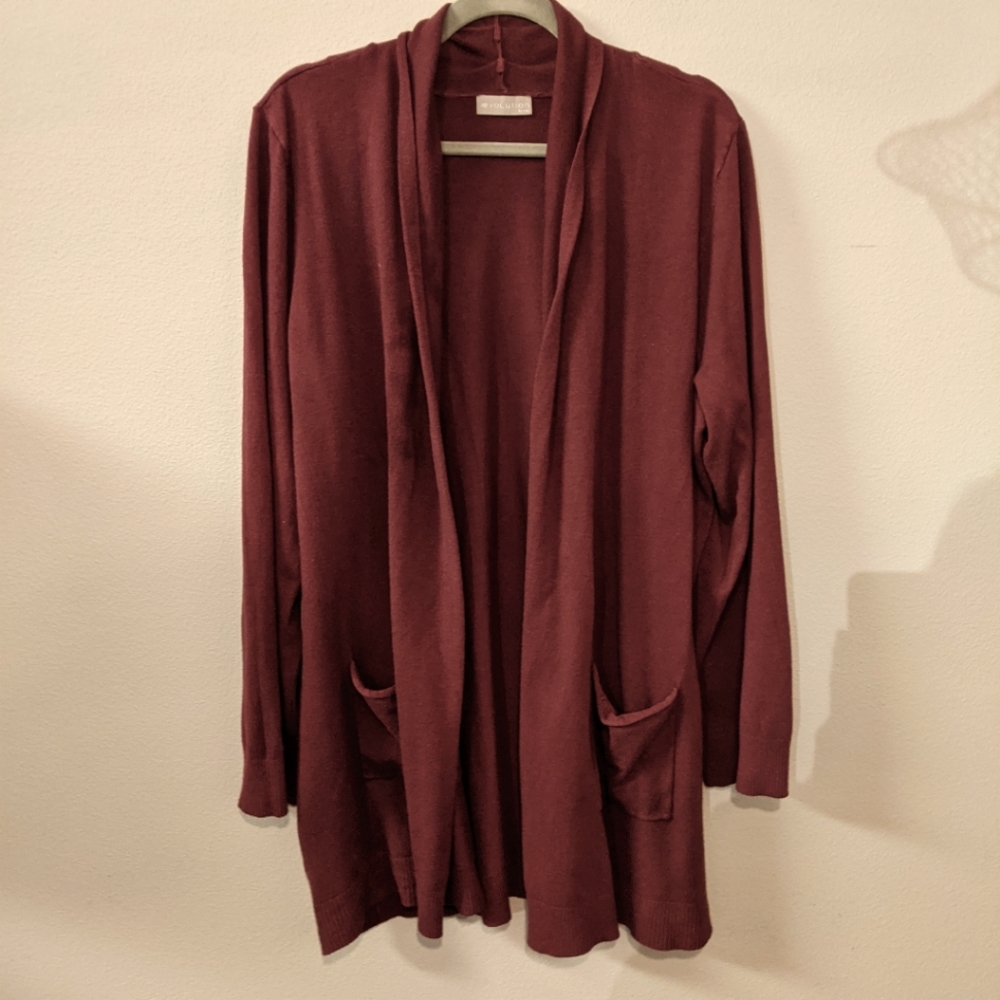 Mid-thigh lenghth cardigan by evolution in dark maroon, size 3X